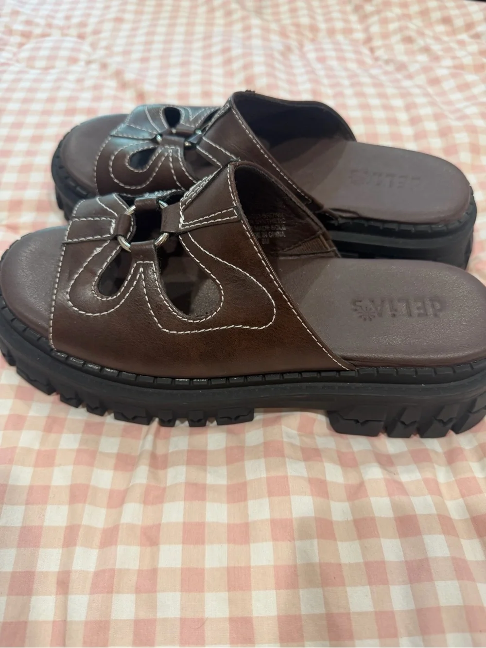 Brown Platform Slide Sandals with White Stitching